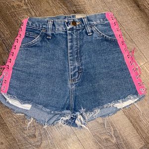 LF Furst Of A Kind Blue Denim Shorts With Neon Pink Side Elastic Ties